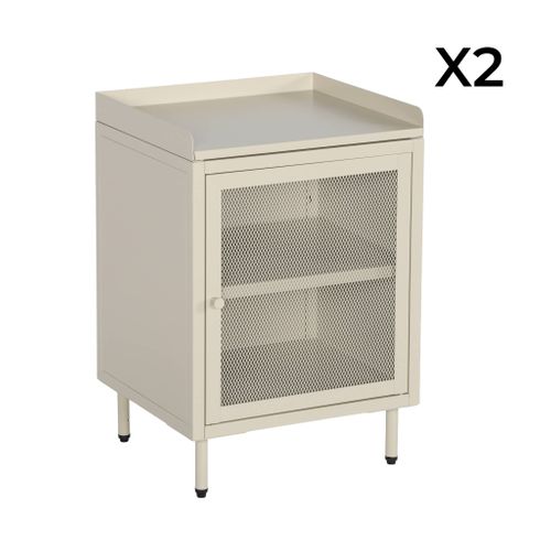 Lot De 2 Tables De Chevet Industrielles Métal Crème 1 Porte Grillagée. 40 X 37 X 58.5 Cm - Ohio