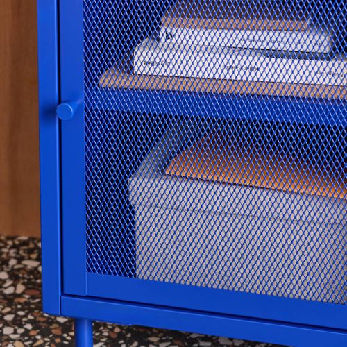 Table De Chevet Industrielle Métal Bleu 1 Porte Grillagée. 40 X 37 X 58.5 Cm - Ohio