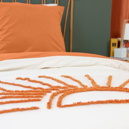 Parure De Lit Coton Tufté Réversible Imprimé Soleil Blanc/terracotta 1 Place 140 X 200cm - Solino