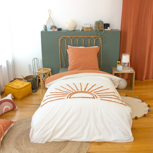 Parure De Lit Coton Tufté Réversible Imprimé Soleil Blanc/terracotta 1 Place 140 X 200cm - Solino