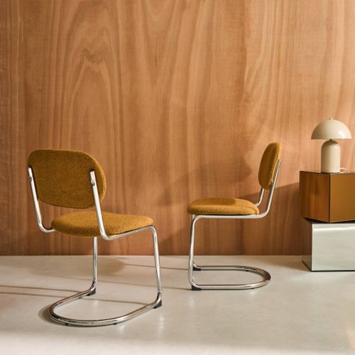Lot De 2 Chaises Cantilever Arrondie Métal. Bouclette Texturée Moutarde Et Pieds Chromés - L 47 X P
