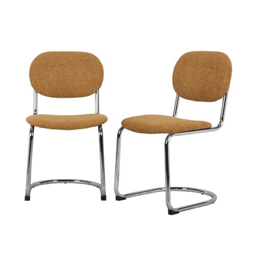 Lot De 2 Chaises Cantilever Arrondie Métal. Bouclette Texturée Moutarde Et Pieds Chromés - L 47 X P