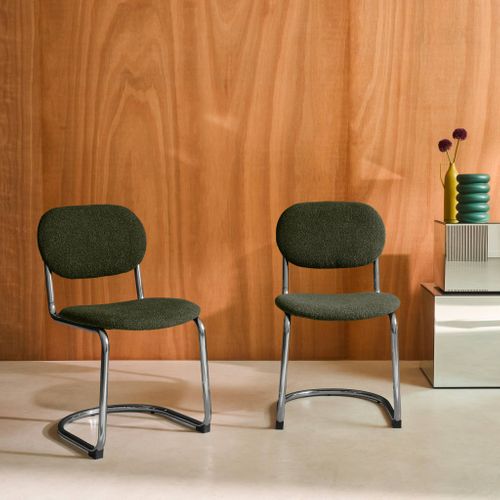 Lot De 2 Chaises Cantilever Arrondie Métal. Bouclette Texturée Kaki Et Pieds Chromés - L 47 X P