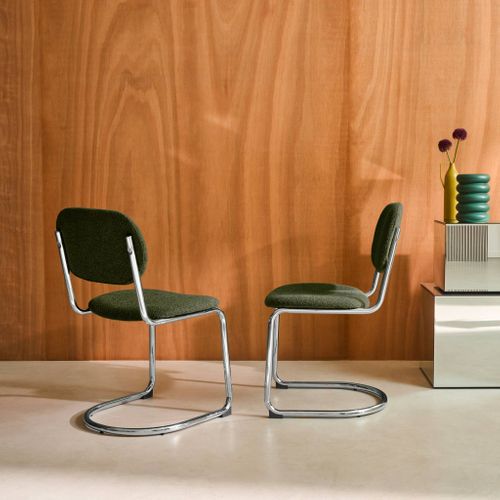 Lot De 2 Chaises Cantilever Arrondie Métal. Bouclette Texturée Kaki Et Pieds Chromés - L 47 X P
