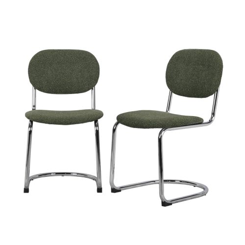 Lot De 2 Chaises Cantilever Arrondie Métal. Bouclette Texturée Kaki Et Pieds Chromés - L 47 X P