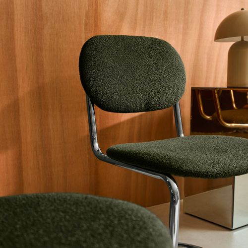 Lot De 2 Chaises Cantilever Arrondie Métal. Bouclette Texturée Kaki Et Pieds Chromés - L 47 X P