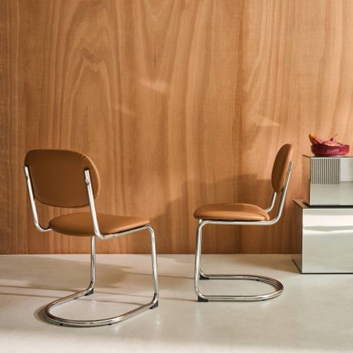 Lot De 2 Chaises Cantilever Arrondie Métal. Simili Marron Et Pieds Chromés - L 47 X P 54.5 X H