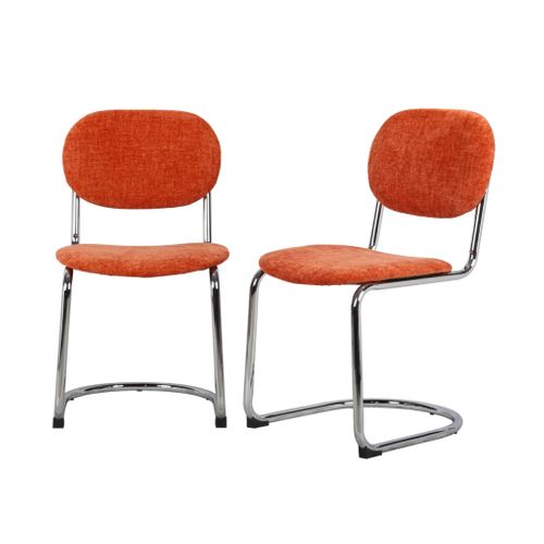 Lot De 2 Chaises Cantilever Arrondie Métal. Tissu Chenille Orange Et Pieds Chromés - L 47 X P 54.5