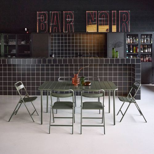 Table De Jardin Métal + 6 Assises Kaki. Amelia 160 X 90 X H 72.5cm