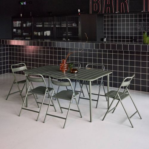 Table De Jardin Métal + 6 Assises Kaki. Amelia 160 X 90 X H 72.5cm