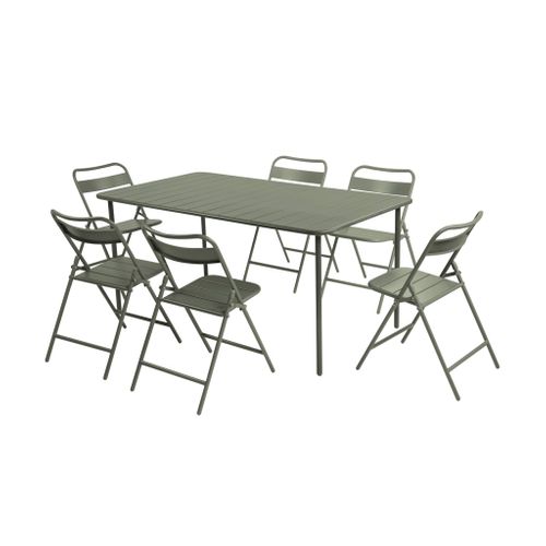 Table De Jardin Métal + 6 Assises Kaki. Amelia 160 X 90 X H 72.5cm