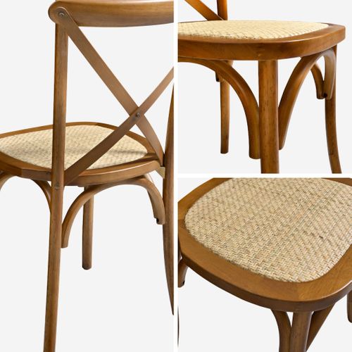 Lot De 4 Chaises De Bistrot En Bois D'hévéa Effet Noyer. Vintage. Assise En Rotin. Empilables