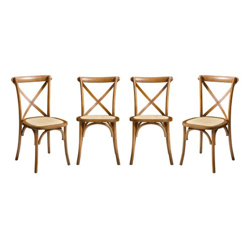 Lot De 4 Chaises De Bistrot En Bois D'hévéa Effet Noyer. Vintage. Assise En Rotin. Empilables