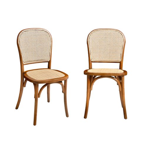 Lot De Deux Chaises Naturelles Vintage En Bois Effet Noyer Avec Assise Et Dossier En Rotin