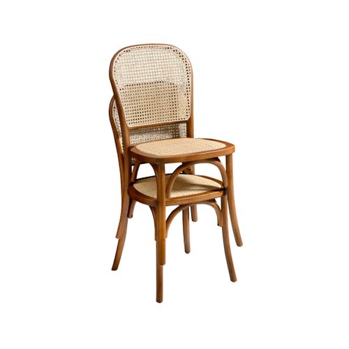 Lot De Deux Chaises Naturelles Vintage En Bois Effet Noyer Avec Assise Et Dossier En Rotin