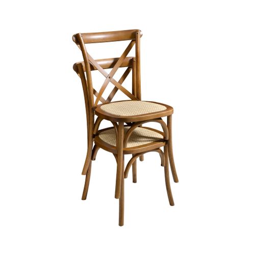 Lot De 2 Chaises De Bistrot En Bois D'hévéa Effet Noyer. Vintage. Assise En Rotin. Empilables