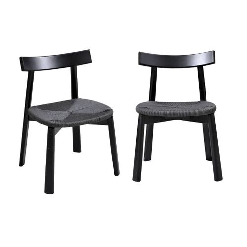 Lot De 2 Chaises Scandinaves En Bois D'hévéa Noir Et Assise En Corde Noire