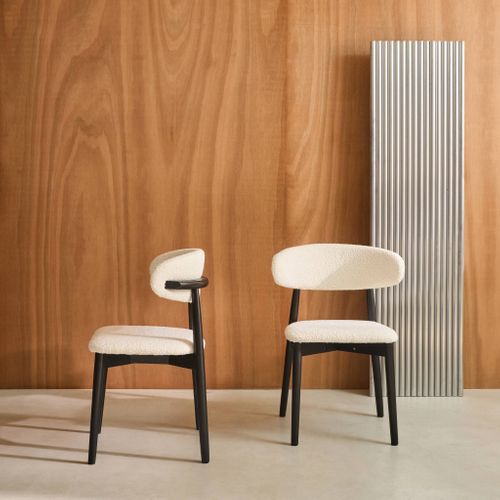 Lot De 2 Chaises En Bois D'hévéa Noir Et Tissu Bouclette Blanc Crème