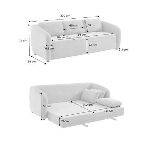 Canapé Convertible 3 Places Tissu Chenille Blanc - L 220 X P 95 X H 76cm - Twist