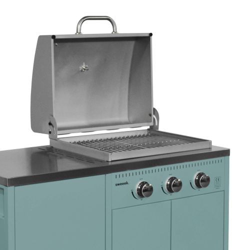 Barbecue Gaz 3 Brûleurs. Bleu Gris. 3 Portes Et 2 Espaces De Rangement