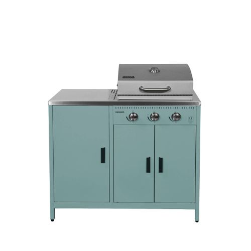 Barbecue Gaz 3 Brûleurs. Bleu Gris. 3 Portes Et 2 Espaces De Rangement