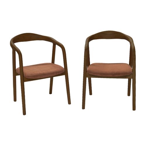Lot De 2 Fauteuils Vintage Bois D'hévéa Noyer Et Velours Côtelé Terracotta - L 55 X P 58 X H 79 Cm