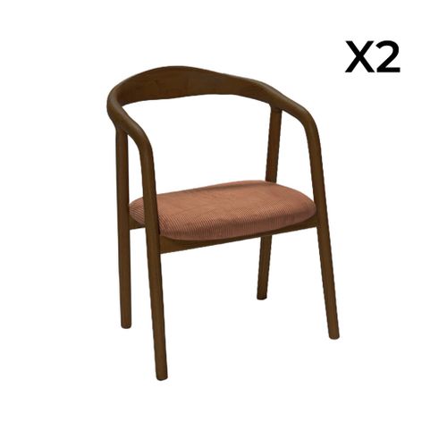 Lot De 2 Fauteuils Vintage Bois D'hévéa Noyer Et Velours Côtelé Terracotta - L 55 X P 58 X H 79 Cm