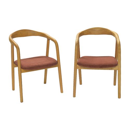 Lot De 2 Fauteuils Vintage Bois D'hévéa Naturel Et Velours Côtelé Terracotta - L 55 X P 58 X H 79