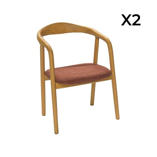 Lot De 2 Fauteuils Vintage Bois D'hévéa Naturel Et Velours Côtelé Terracotta - L 55 X P 58 X H 79