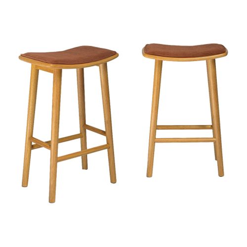 Lot De 2 Tabourets De Bar Vintage Bois D'hévéa Naturel Et Velours Côtelé Terracotta - 46.5 X 31 X