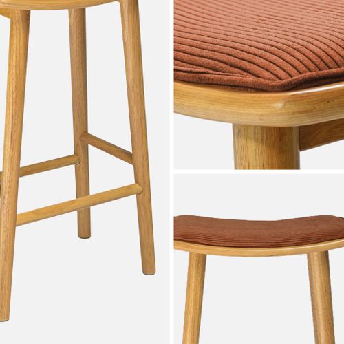 Lot De 2 Tabourets De Bar Vintage Bois D'hévéa Naturel Et Velours Côtelé Terracotta - 46.5 X 31 X