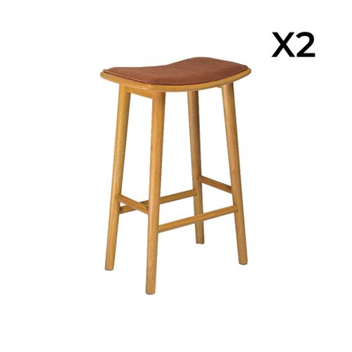 Lot De 2 Tabourets De Bar Vintage Bois D'hévéa Naturel Et Velours Côtelé Terracotta - 46.5 X 31 X