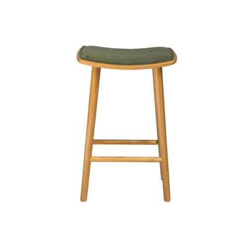 Lot De 2 Tabourets De Bar Vintage Bois D'hévéa Naturel Et Velours Côtelé Kaki - 46.5 X 31 X 70 Cm -