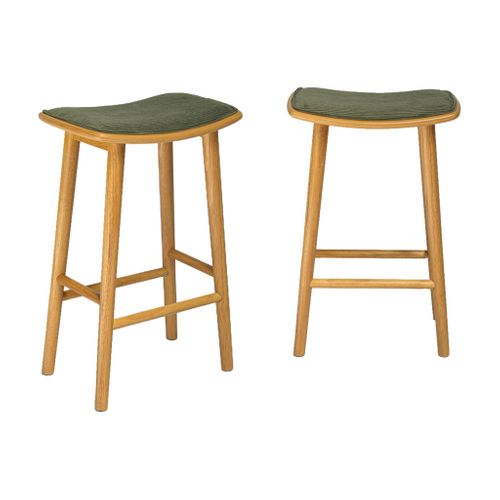 Lot De 2 Tabourets De Bar Vintage Bois D'hévéa Naturel Et Velours Côtelé Kaki - 46.5 X 31 X 70 Cm -