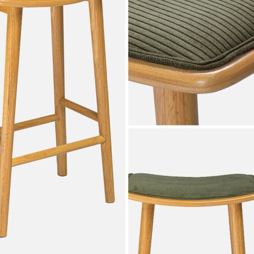 Lot De 2 Tabourets De Bar Vintage Bois D'hévéa Naturel Et Velours Côtelé Kaki - 46.5 X 31 X 70 Cm -
