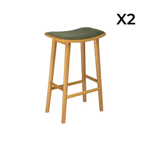 Lot De 2 Tabourets De Bar Vintage Bois D'hévéa Naturel Et Velours Côtelé Kaki - 46.5 X 31 X 70 Cm -