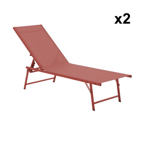 Lot De 2 Bains De Soleil Acier Textilène Inclinable 4 Positions Tropea Terracotta. 165 X 54.5