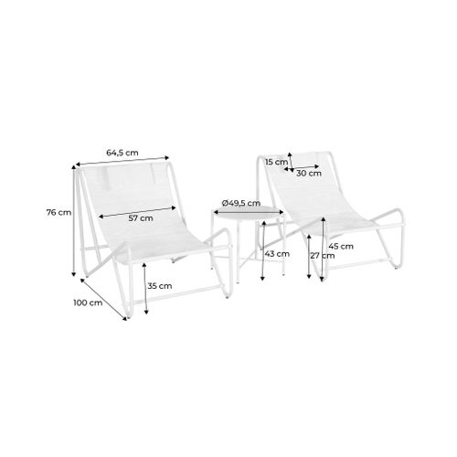 Set De 2 Fauteuils Relax Beige Avec Table Ronde. Acier Et Textilène - Salina