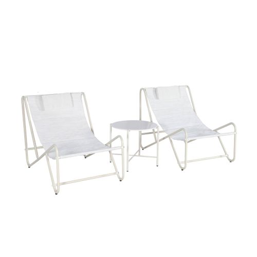 Set De 2 Fauteuils Relax Beige Avec Table Ronde. Acier Et Textilène - Salina