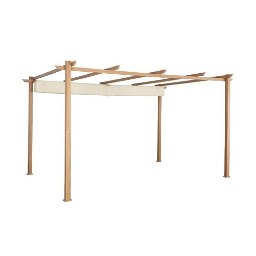 Pergola Aluminium - Isla 3x4m - Imitation Bois. Toile Écru - Tonnelle Idéale Pour Votre Terrasse.