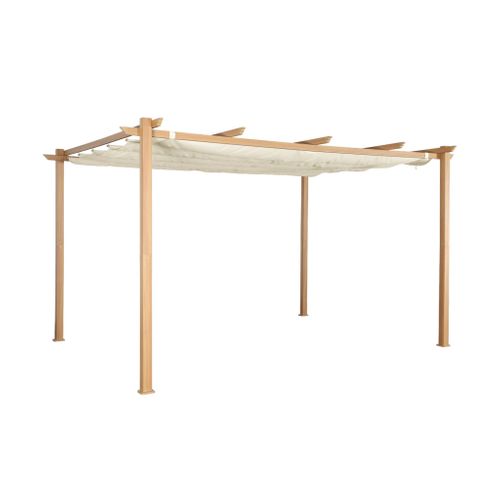 Pergola Aluminium - Isla 3x4m - Imitation Bois. Toile Écru - Tonnelle Idéale Pour Votre Terrasse.