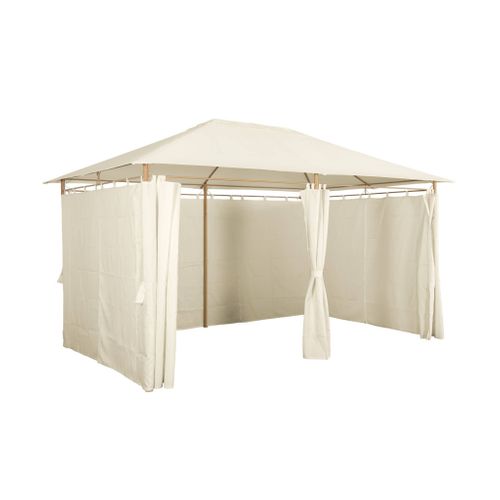 Tonnelle 3x4 M - Divio - Imitation Bois. Toile Écru - Pergola Avec Rideaux. Tente De Jardin.
