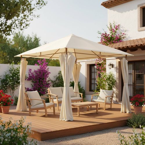 Tonnelle 3x3 M - Elusa - Imitation Bois. Toile Écru - Pergola Avec Rideaux. Tente De Jardin.