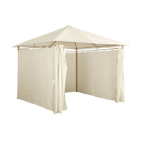 Tonnelle 3x3 M - Elusa - Imitation Bois. Toile Écru - Pergola Avec Rideaux. Tente De Jardin.