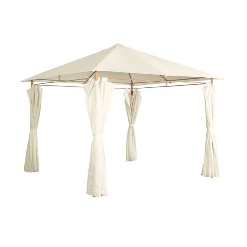 Tonnelle 3x3 M - Elusa - Imitation Bois. Toile Écru - Pergola Avec Rideaux. Tente De Jardin.