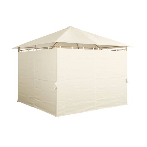 Tonnelle 3x3 M - Elusa - Imitation Bois. Toile Écru - Pergola Avec Rideaux. Tente De Jardin.