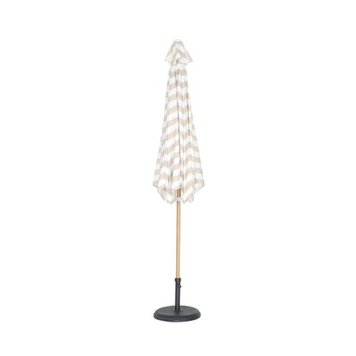Parasol Droit Rond Rayures Beige D.293cm Mât Central En Aluminium Imitation Bois. Orientable Et