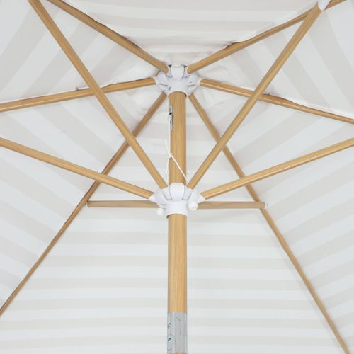 Parasol Droit Rond Rayures Beige D.293cm Mât Central En Aluminium Imitation Bois. Orientable Et