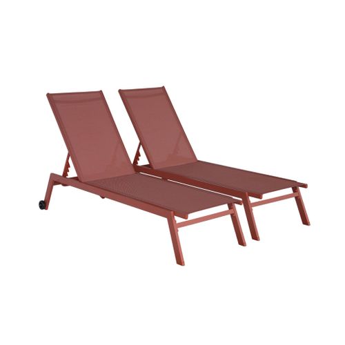 Lot De 2 Bains De Soleil Elsa En Aluminium Et Textilène Terracotta. Transats Multi Positions Avec
