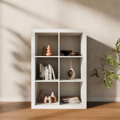 Etagère Bibliothèque 2 Niveaux 6 Compartiments. Casiers. Effet Bois Blanc. L 111.2 X P 39 X H 76cm